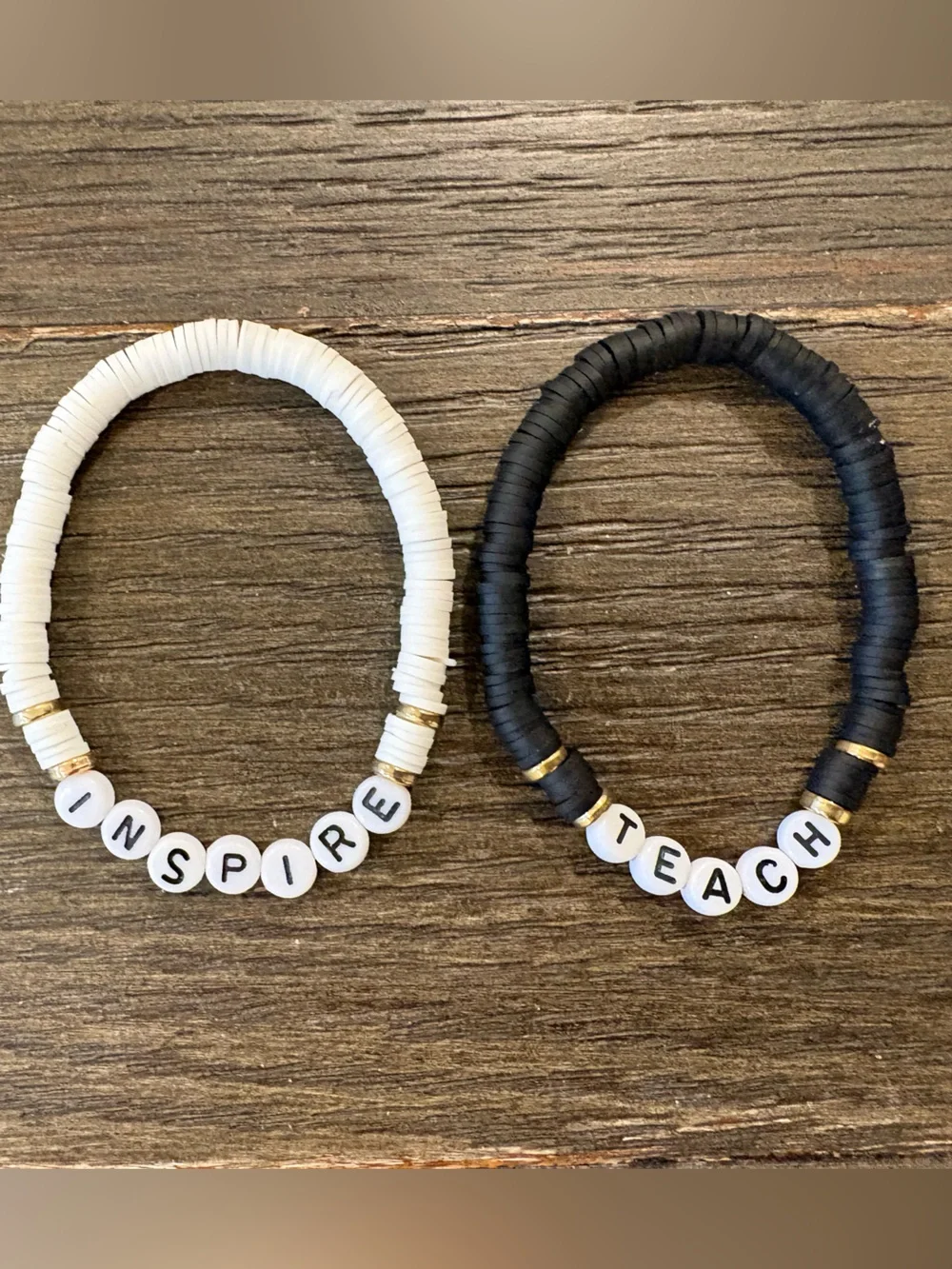 Handmade Inspire & Teach Stretch Bracelet Set - Black and White